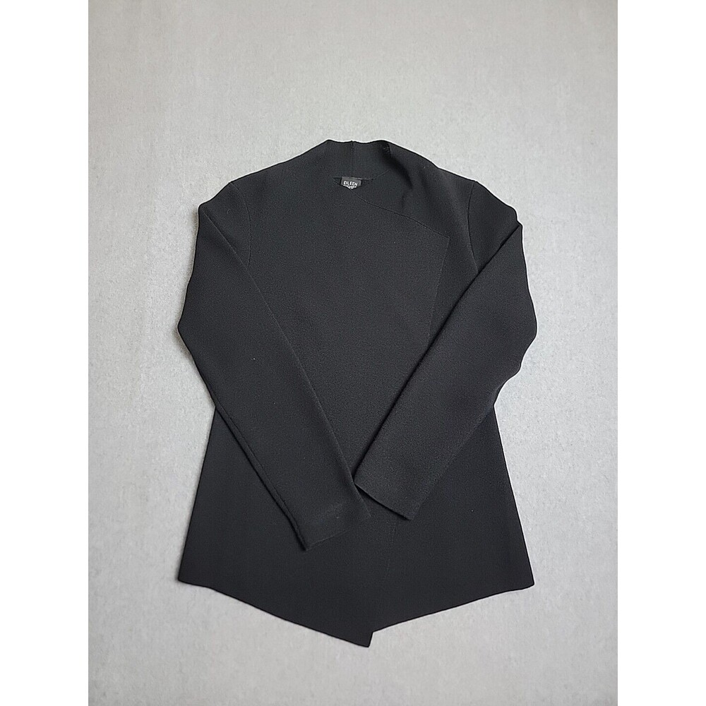 Eileen Fisher Open‎ Cardigan S Black Wool Kniy Lightweight Asymmetrical Preppy